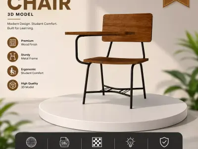 School Chair 3D Model Realistic Classroom Furniture Game Ready Free 3D model