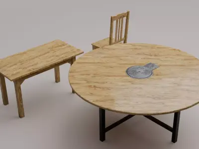 Wooden Round Table and Chair Dining Room Furniture 3D model