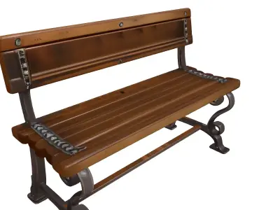 Worn Wooden Bench with Iron Legs 3D model