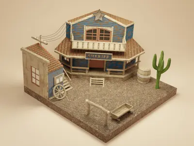 Western town with houes of the sheriff Low-poly 3D model