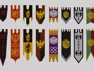 Medieval flags baners and stands Low-poly 3D model