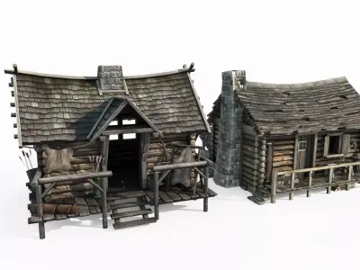 Two medieval buildings in hand drawn style 3D model