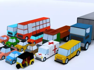 low poly vehicles group of different colored Free low-poly 3D model
