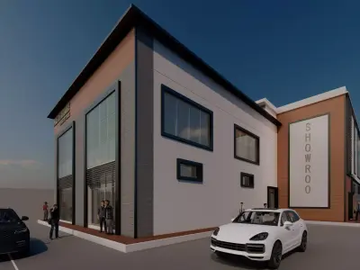 3D Showroom building with cars parked Low-poly 3D model