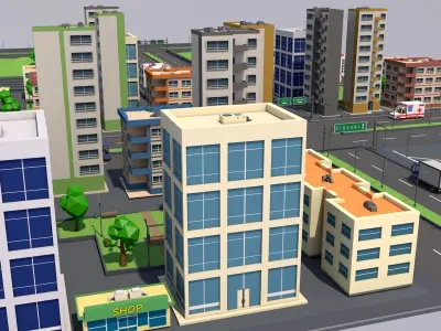 Low Poly City 3D model with buildings and roads Low-poly 3D model