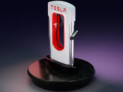 Tesla Electric Vehicle Charging Station and Charge Plug Free low-poly 3D model