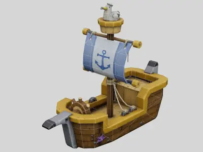 Stylized sailing ship with seagull low poly game ready 3D model Low-poly 3D model