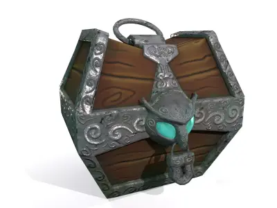 Stylized fantasy wooden treasure chest with owl padlock PBR Low-poly 3D model
