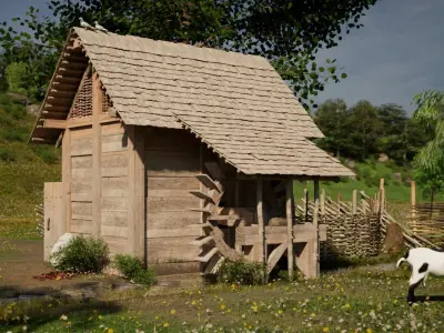 Enterable small early medieval watermill Low-poly 3D model