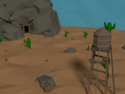 LowPoly Western Mine with Water tower Low-poly 3D model