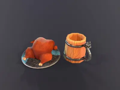 Lowpoly stylized fried chicken and beer pint mug asset Low-poly 3D model