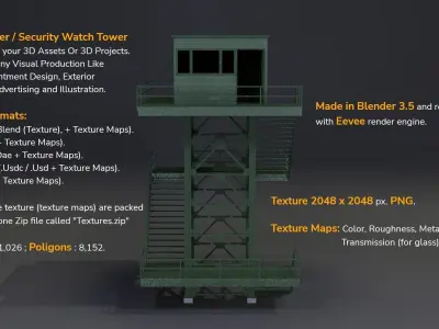 PBR Low Poly Guard Tower Security Watch Tower Green Clean Low-poly 3D model