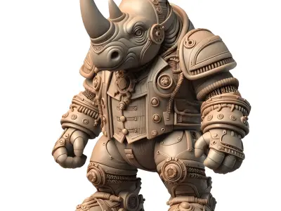 Steampunk Warrior Rhino STL File - 3D Printed Mecha Figure  3D print model