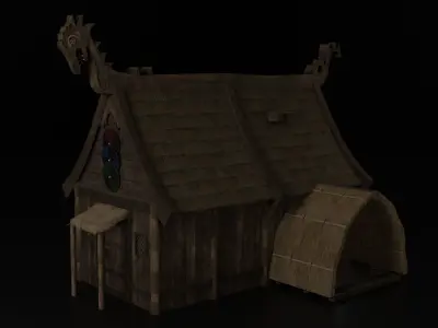 Viking House with Thatch Shack with interior and wooden fence Low-poly 3D model