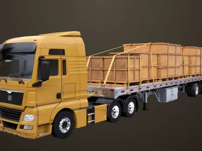 Heavy Truck 04 Flatbed Load Trailer All PBR Unity UE Textures Low-poly 3D model