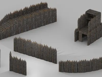 Medieval wood defense fence modular Low-poly 3D model