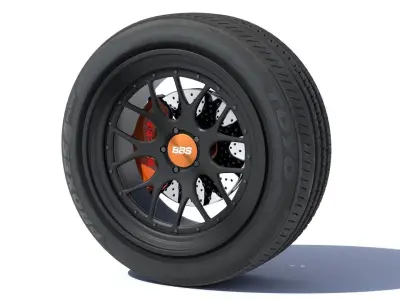 sports car wheel with rim tire and brakes 3D model