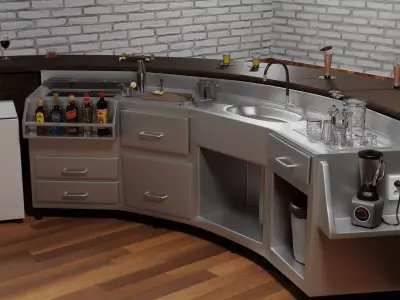 Professional Curved Cocktail Bar Station and Underbar Set 3D model