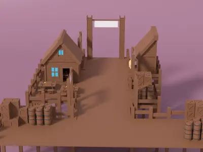 Cartoon Medieval Port and Props Low-poly 3D model