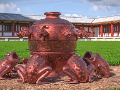 Ancient Earthquake Jar with Frogs Copper 3D model