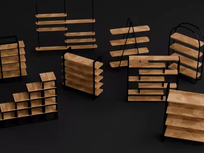 Modern Wooden Shelf and Display Rack Pack Low-poly 3D model