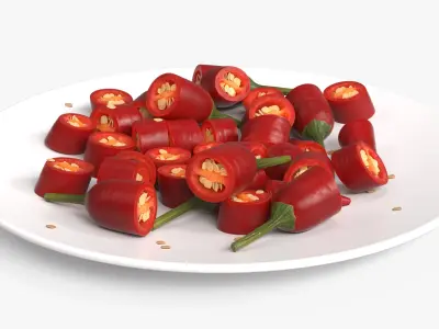 Sliced Chili Peppers with Seeds on Plate Red 3D model
