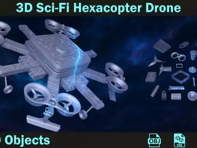 3D SciFi Hexacopter Drone Modular and Assembled 3D model