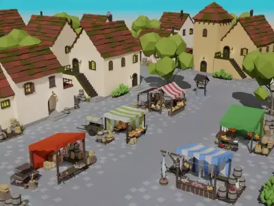 Low poly medieval marketplace Low-poly 3D model