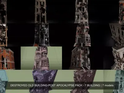 DESTROYED OLD BUILDING POST APOCALYPSE PACK - 7 BUILDING 3D Model Collection