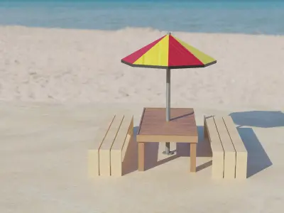 Beach table with umbrella and bench Free 3D model
