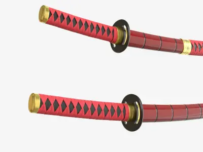 Red Double Bladed Katana Wakizashi and Stand 3D model