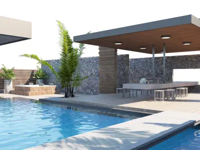 private garden with pool and pergola 3D model
