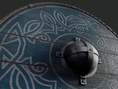Slavic round wooden shield-painted blue with nordic symbol Low-poly 3D model purchase