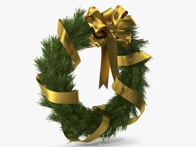 Christmas Wreath with Gold Bow and Ribbon 3D model