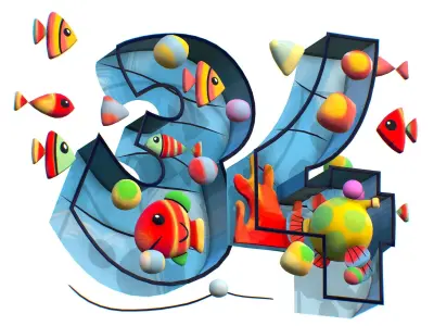 Cartoon 3D illustration Number 3 4 Fish Low-poly 3D model