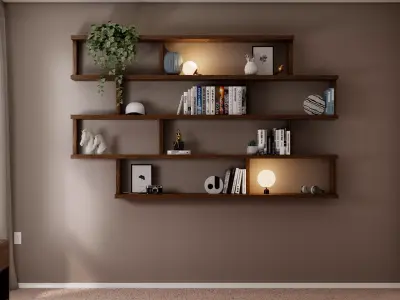 Wall-Mounted Modular Wooden Shelf and Modern Interior Furniture Low-poly 3D model