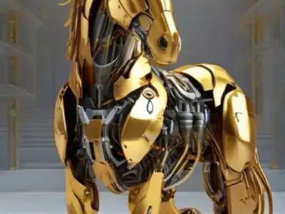 Golden Cyber Horse Robot Blue Eyes Mechanical Anatomy Low-poly 3D model