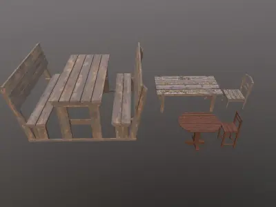 Medieval tables Medieval chairs Low-poly 3D model