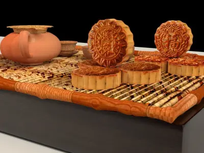 Chinese moon cake with tea set 3D model