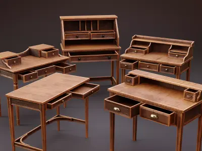 Stylized writing desk set Low-poly 3D model