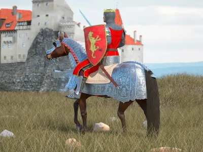 Knight King on Horseback in Armor Fur 3D model purchase