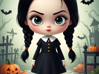 Cute Gothic Girl Black Dress Braids Pumpkins 3D Halloween Low-poly 3D model