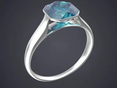 Asscher Cut Aquamarine On Silver Wedding Ring V01 3D model