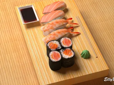 Sushi with chopsticks on wooden table 3D model