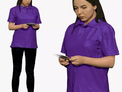 001299 woman with long hairs in purple polo money in hands 3D model