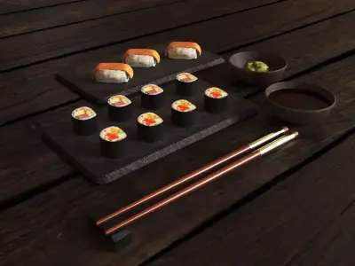 Sushi Set with bowls and chopsticks Low-poly 3D model