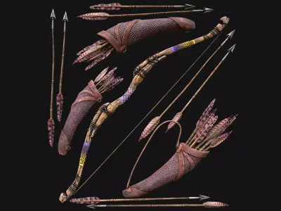 Wooden Bow and Quiver Arrows Fair Medieval Low-poly 3D model