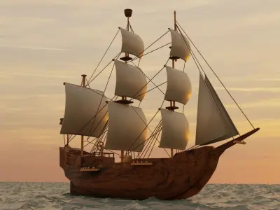 ship lowpoly model - game ready sailing in ocean at sunset Low-poly 3D model