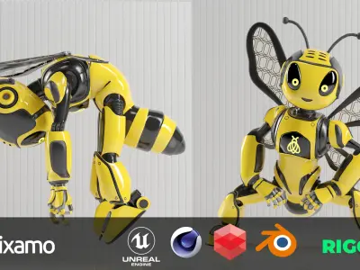 Futuristic Bee Robot Mascot Rigged Character Low-poly 3D model