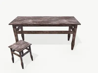 Old wooden tables and chairs Free low-poly 3D model